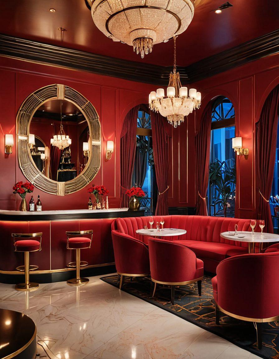 A luxurious, upscale lounge bathed in soft red and gold lighting, featuring plush seating and art deco elements. In the foreground, playful cartoon characters with mischievous expressions engage in flirtatious antics, creating a whimsical yet seductive atmosphere. In the background, an elegant bar serving exotic cocktails, with red roses subtly integrated into the décor. The overall tone is vibrant and inviting, exuding a blend of naughtiness and sophistication. super-realistic. vibrant colors. art deco style.