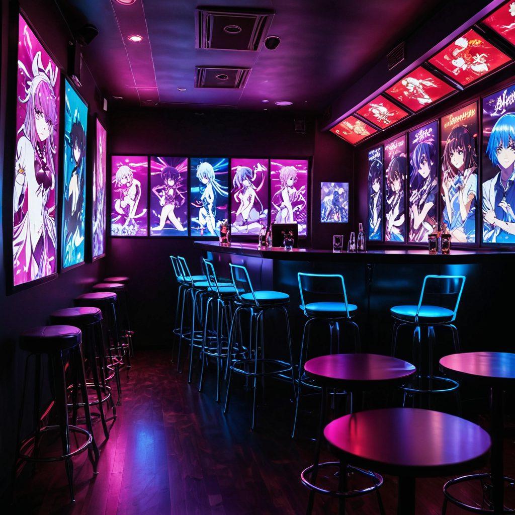 A visually captivating scene depicting an enchanting, dimly lit anime-themed nightclub environment, filled with colorful posters of Ero manga and vibrant neon lights. Include playful silhouettes of characters in erotic poses, surrounded by heightened senses of intimacy and adventure. Showcase an inviting bar area with seductive decor and stylish patrons engaged in animated conversations, all immersed in the passionate world of anime erotica. super-realistic. vibrant colors. cinematic lighting.