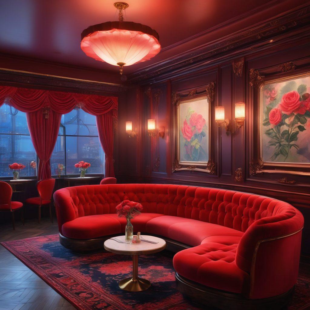 A captivating illustration of a luxurious, dimly-lit club interior featuring elaborate red rose motifs and plush seating. Include an artistically rendered collage of iconic adult animation and hentai manga characters playfully interacting, set against a backdrop of retro neon lights. The atmosphere should convey allure and intrigue, inviting viewers into this unique world. Art style: digital painting, vibrant colors, atmospheric lighting.